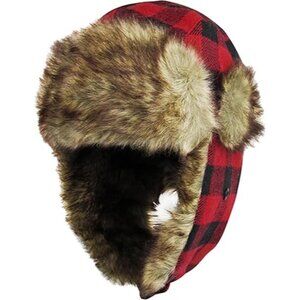 Red Plaid Lumberjack Hat Faux Fur  Aviator Trapper Ear Flap Cap Winter Ski Cold